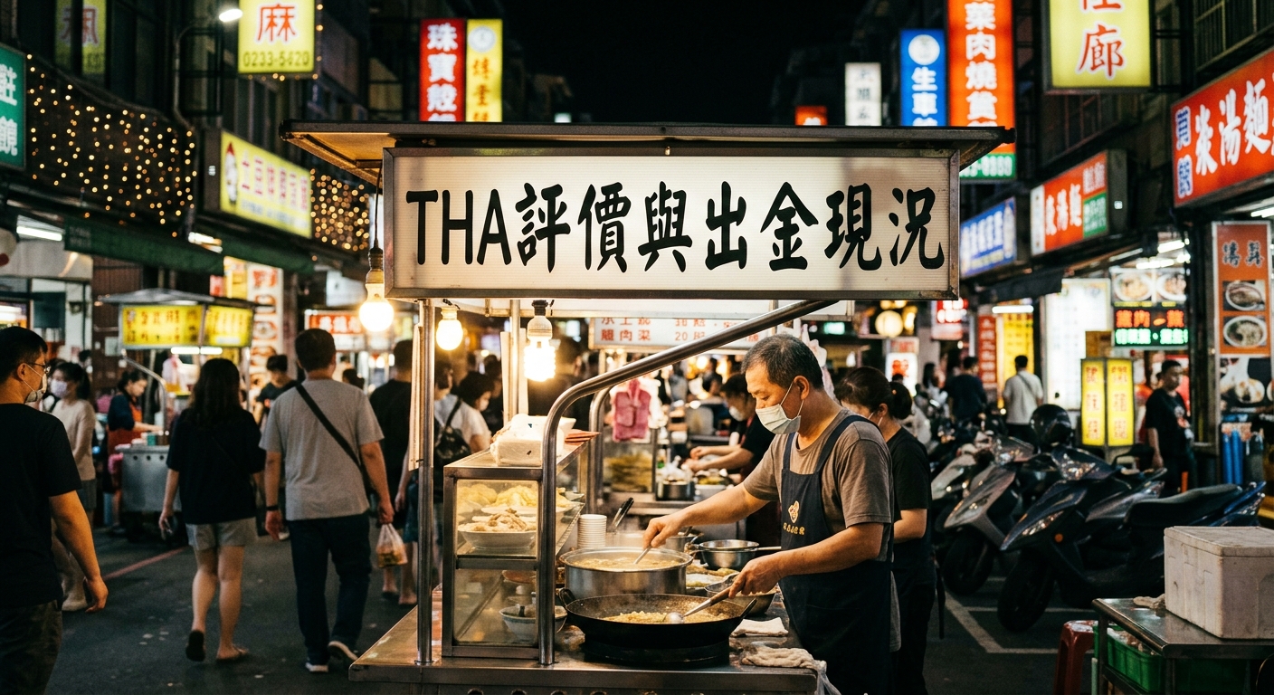 這張照片展現了熱鬧的台灣夜市街景,攤位上方醒目地展示著「THA評價與出金現況」字樣。 畫面中攤販老闆正忙著料理美食,周圍熙熙攘攘的人群與繁華的招牌燈光交織出濃厚的在地生活氣息。