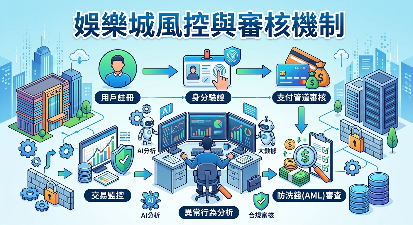 這張圖以簡潔的等角透視風格,展現了線上娛樂城的風險控制與審核流程。 畫面包含用戶註冊、身份驗證、交易監控及AI數據分析等模組,上方標有醒目的「娛樂城風控與審核機制」標題。