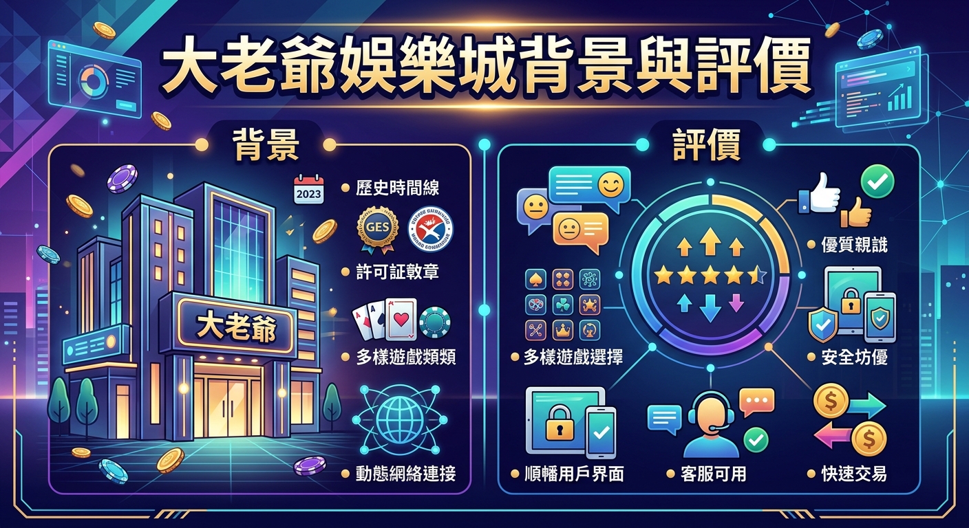 這是一張以「大老爺娛樂城背景與評價」為主題的科技感圖解,背景展示了品牌建築與相關營運要素。 圖中詳細劃分了背景介紹與用戶評價兩大區塊,搭配豐富的圖標與元素說明平台特點。