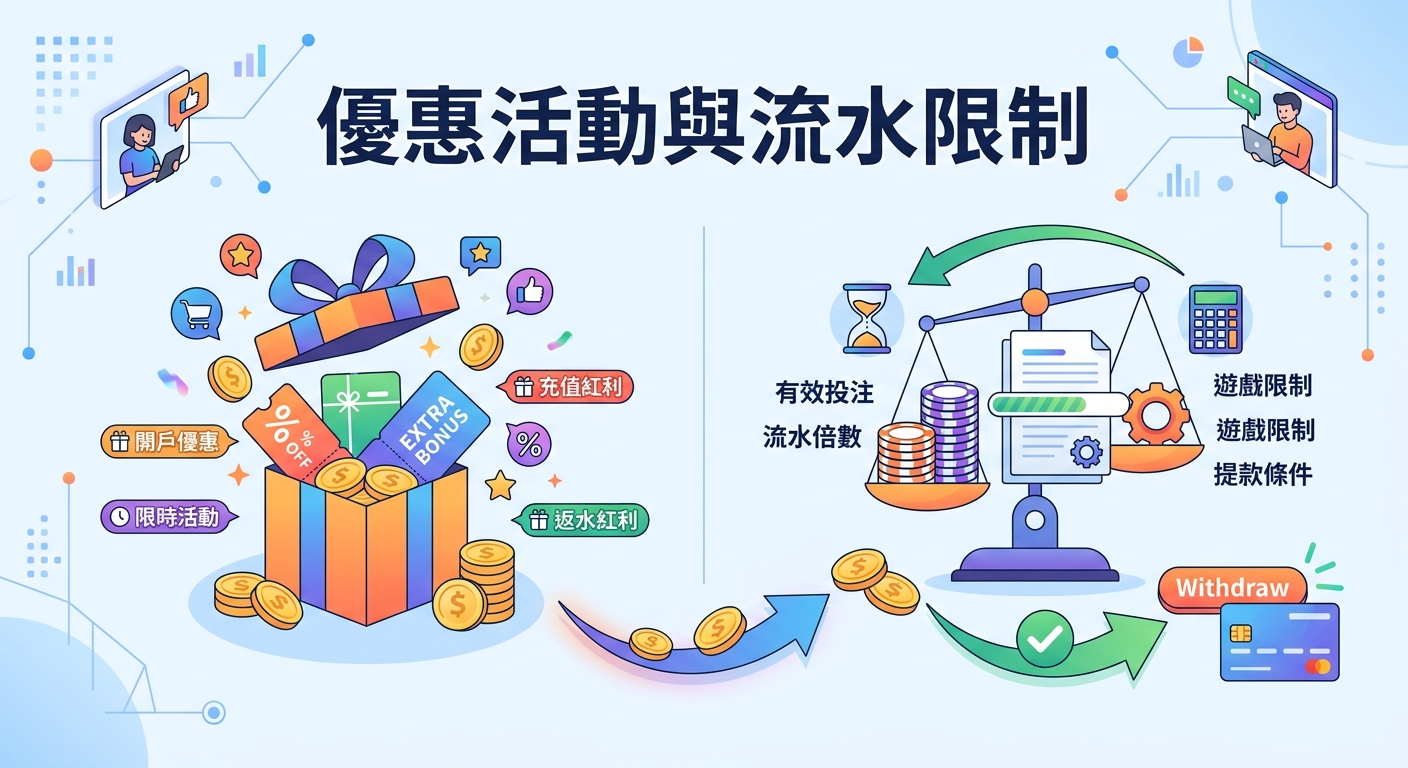 這張圖片採用現代扁平插畫風格,左側展示開戶優惠與豐富的禮盒紅利,右側則結合天平、籌碼與計算器等元素象徵流水倍數與提款條件。 整體畫面以科技藍與金黃色調呈現,傳達出優惠活動與投注流水限制之間的平衡概念。
